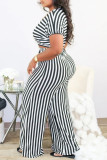 Black And White Casual Stripe Patchwork O Neck Plus Size Two Pieces