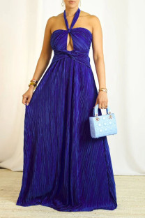 Blue Celebrities Solid Color Hollow Out Patchwork Backless Ruched Halter Evening Dresses