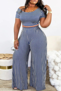 Blue White Casual Stripe Patchwork O Neck Plus Size Two Pieces
