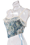 Blue Sexy Print Lace Patchwork Backless Cross Straps Spaghetti Strap Tops