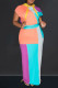 Blue Casual Patchwork Contrast Hooded Short Sleeve Two Pieces
