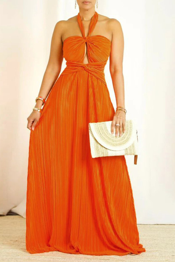 Tangerine Red Celebrities Solid Color Hollow Out Patchwork Backless Ruched Halter Evening Dresses