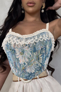Blue Sexy Print Lace Patchwork Backless Cross Straps Spaghetti Strap Tops