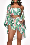 Green Fashion Sexy Print Basic Square Collar Long Sleeve Two Pieces