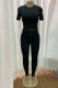 Black Casual Letters Hollow Out Draw String Patchwork O Neck Short Sleeve Two Pieces
