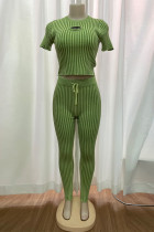 Green Yellow Casual Letters Hollow Out Draw String Patchwork O Neck Short Sleeve Two Pieces