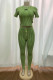 Green Yellow Casual Letters Hollow Out Draw String Patchwork O Neck Short Sleeve Two Pieces