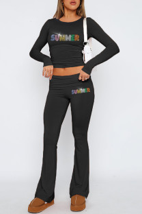 Black Casual Letters Patchwork Hot Drill O Neck Long Sleeve Two Pieces