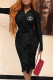 Black Casual Street Letter Print Ruched Flower Shape V Neck Wrapped Skirt Dresses