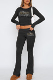 Black Casual Letters Patchwork Hot Drill O Neck Long Sleeve Two Pieces