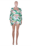 Green Fashion Sexy Print Basic Square Collar Long Sleeve Two Pieces