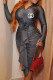 Dark Gray Casual Street Letter Print Ruched Flower Shape V Neck Wrapped Skirt Dresses