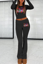 Black Casual Letters O Neck Long Sleeve Two Pieces
