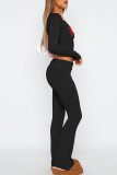 Black Casual Letters Patchwork O Neck Long Sleeve Two Pieces