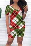 Green Red Casual Print Basic V Neck Short Sleeve Two Pieces