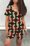 Green Red Casual Print Basic V Neck Short Sleeve Two Pieces