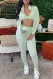 Light Green Casual Solid Color Patchwork Zipper Zipper Collar Long Sleeve Two Pieces