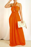 Tangerine Red Celebrities Solid Color Hollow Out Patchwork Backless Ruched Halter Evening Dresses