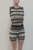 Black Casual Stripe Patchwork O Neck Sleeveless Two Pieces