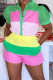 Green Casual Pocket Buckle Patchwork Turndown Collar Short Sleeve Two Pieces