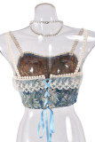 Blue Sexy Print Lace Patchwork Backless Cross Straps Spaghetti Strap Tops