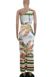 White Celebrities Print Hollow Out Patchwork High Slit Ruched Oblique Collar Long Dresses