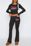 Black Casual Letters O Neck Long Sleeve Two Pieces