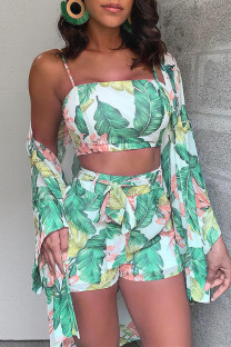 Green Fashion Sexy Print Basic Square Collar Long Sleeve Two Pieces