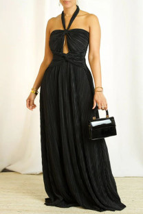 Black Celebrities Solid Color Hollow Out Patchwork Backless Ruched Halter Evening Dresses