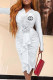 White Casual Street Letter Print Ruched Flower Shape V Neck Wrapped Skirt Dresses