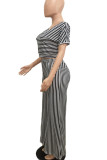 Blue White Casual Stripe Patchwork O Neck Plus Size Two Pieces