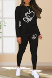 Black Casual Heart Shaped Patchwork Hot Drill O Neck Long Sleeve Two Pieces