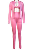 Pink Casual Solid Color Patchwork Zipper Zipper Collar Long Sleeve Two Pieces