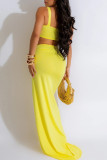 Yellow Celebrities Solid Color Hollow Out Patchwork Slit Ruched Square Neck Sleeveless Two Pieces