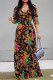Brown Casual Floral Print Lace Up V Neck Printed Dresses
