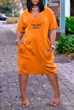 Red Casual Street Letter Print Pocket V Neck Short Sleeve Short Sleeve Dress