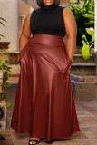 Burgundy Sexy Solid Color Pocket Patchwork A Line Plus Size