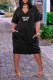 Black Casual Street Letter Print Pocket V Neck Short Sleeve Short Sleeve Dress
