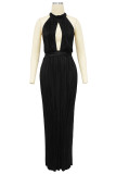 Green Celebrities Solid Color Hollow Out Patchwork Backless Pleated O Neck Long Dresses