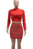 Red Sexy Patchwork Hot Drill O Neck Long Sleeve Two Pieces