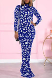 Blue White Casual Print Patchwork Half A Turtleneck Long Sleeve Two Pieces