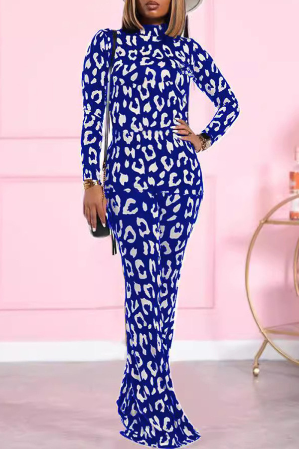 Blue White Casual Print Patchwork Half A Turtleneck Long Sleeve Two Pieces