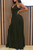 Black Celebrities Solid Color Patchwork Backless Pleated Spaghetti Strap Sling Dresses