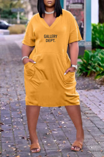 Yellow Casual Street Letter Print Pocket V Neck Short Sleeve Short Sleeve Dress
