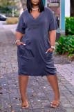 Red Casual Street Letter Print Pocket V Neck Short Sleeve Short Sleeve Dress