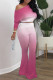 Rose Red Casual Gradient Color Patchwork Oblique Collar Long Sleeve Two Pieces