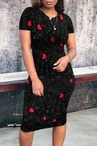 Black Red Casual Daily Letter Print Love Print Contrast O Neck Printed Short Sleeve Dress