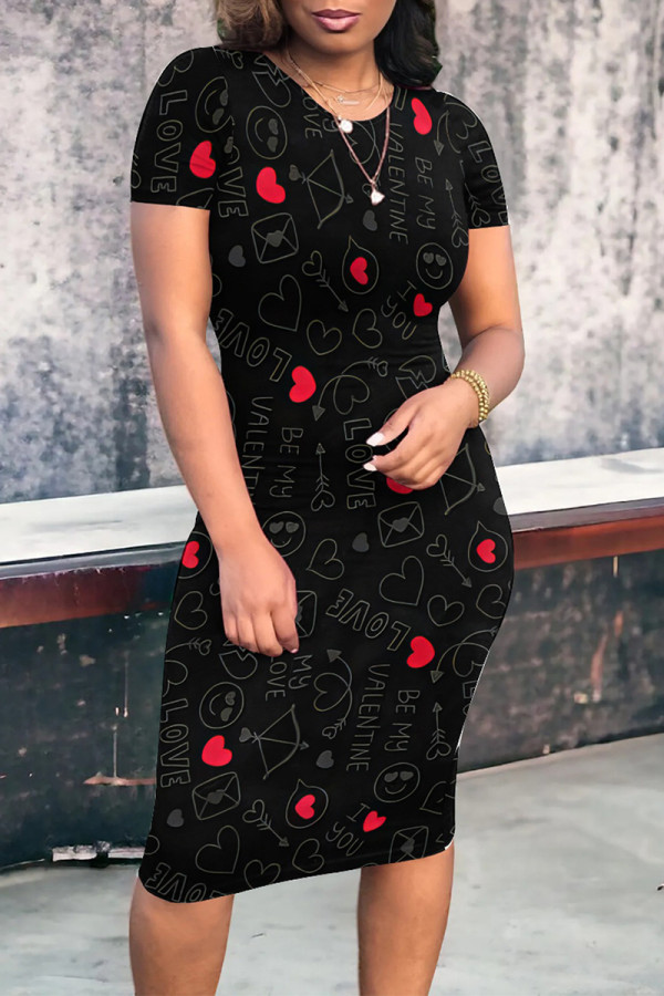 Black Red Casual Daily Letter Print Love Print Contrast O Neck Printed Short Sleeve Dress
