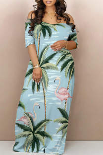 Baby Blue Casual Tropical Print Contrast Off Shoulder Printed Dresses