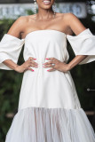 White Celebrities Solid Color Patchwork Backless Mesh Off Shoulder Evening Dresses